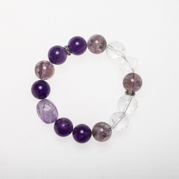 Amethyst crystal bracelet with Phantom Quartz and Clear Quartz beads – designed for clarity, intuition, and spiritual awareness.