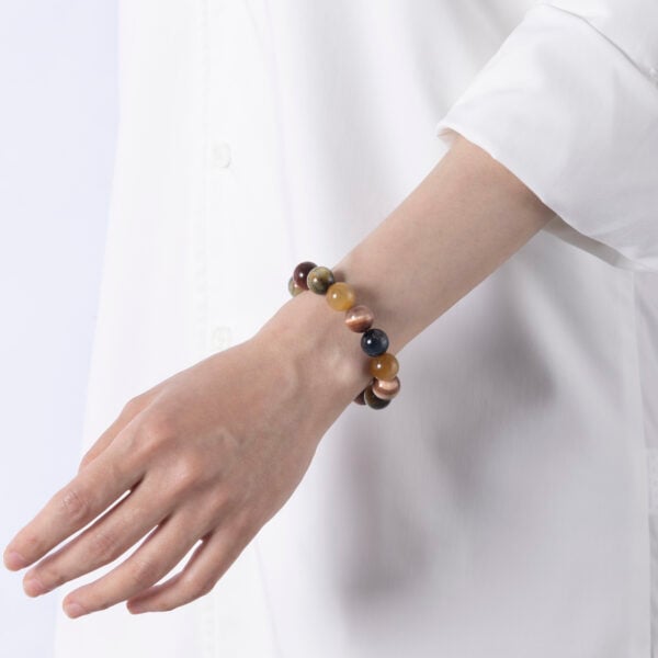 A Fluorite Crystal Bracelet featuring multi-colored Tiger’s Eye beads, designed to support clarity, emotional balance, and inner strength.