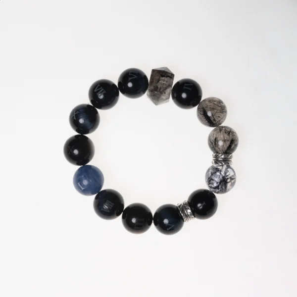 Black crystal bracelet with Obsidian, Smoky Quartz, and Blue Tiger Eye beads – Midnight Guard design for strength and protection.