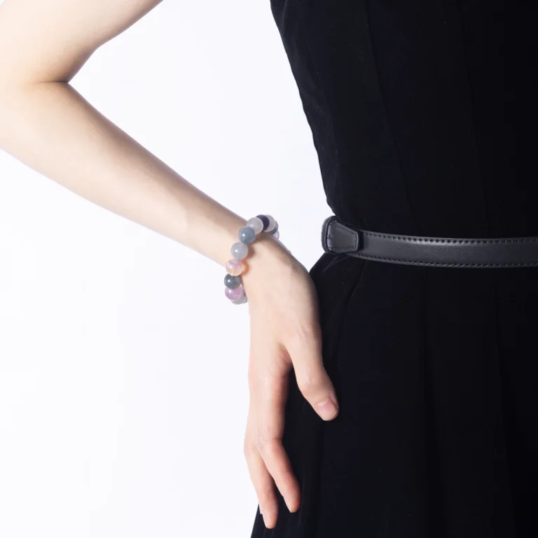 lifestyle shot of model wearing fluorite crystal bracelet