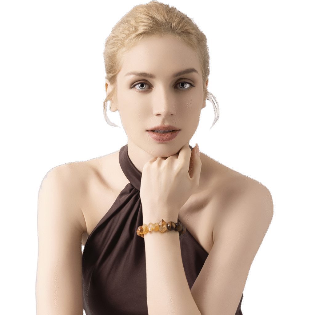 Foreign woman wearing Golden Axis energy crystal bracelet, spiritual jewelry for balance, healing, and guidance – Dare to Mystic